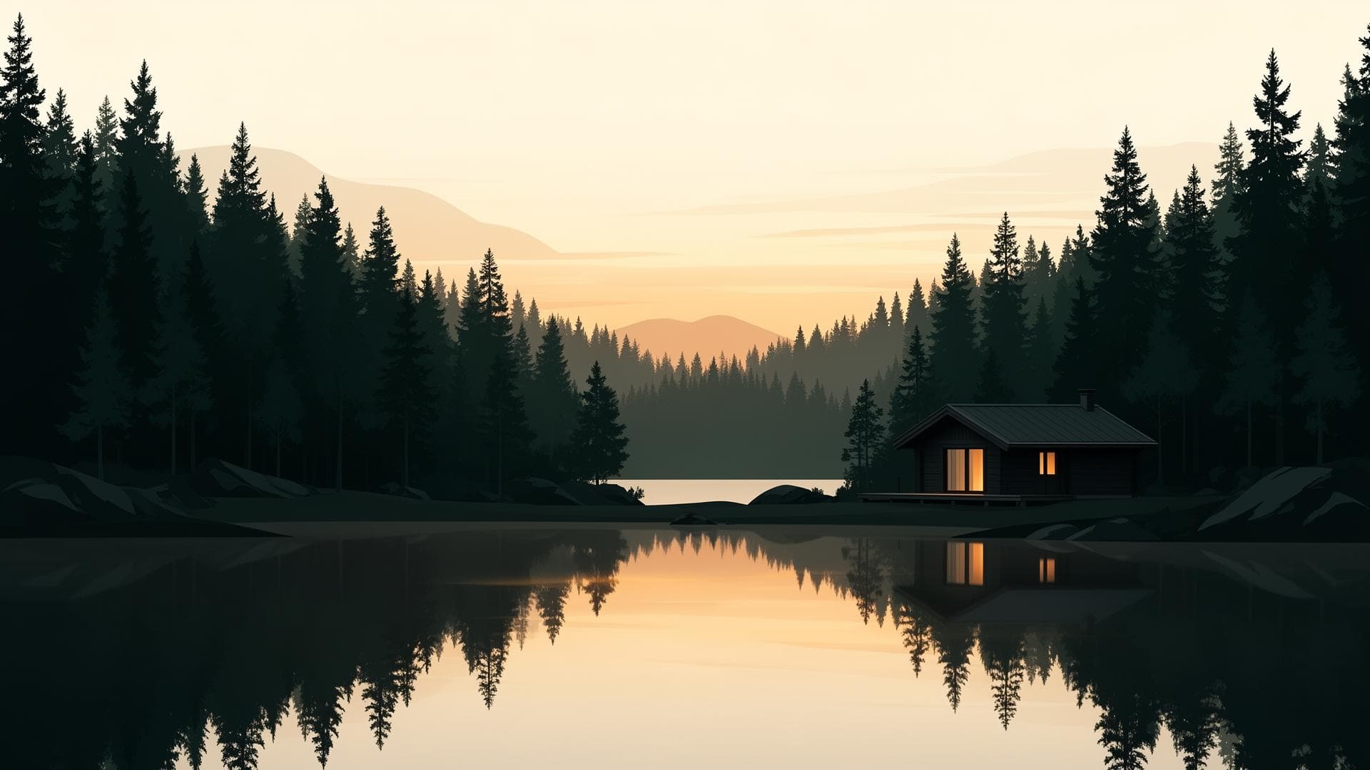 Norsk hytte ved solnedgang